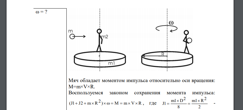 На краю неподвижной скамьи Жуковского диаметром D=0,8 м и массой m1=6 кг стоит человек массой m2=60 кг. С какой угловой скоростью ω начнет