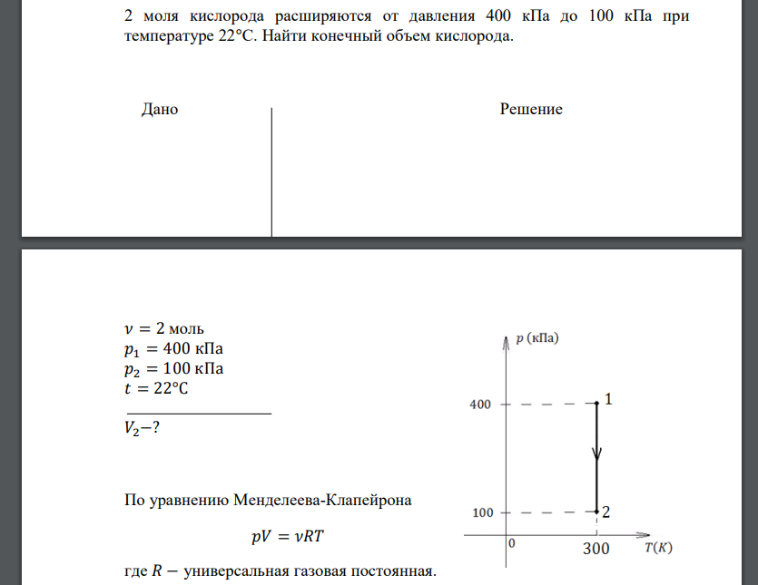 2 моля кислорода расширяются от давления 400 кПа до 100 кПа при температуре 22°С. Найти конечный объем кислорода.