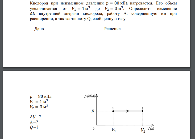 Кислород при неизменном давлении 𝑝 = 80 кПа нагревается. Его объем увеличивается от 𝑉1 = 1 м 3 до 𝑉2 = 3 м 3 . Определить
