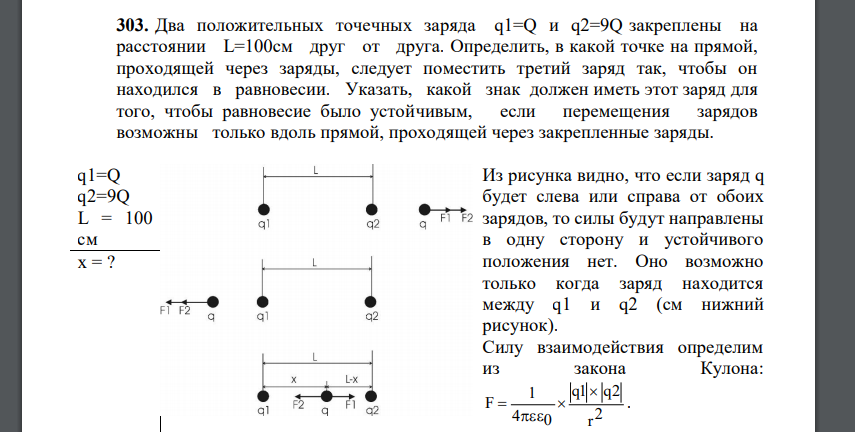 Два положительных точечных заряда q1=Q и q2=9Q закреплены на расстоянии L=100см друг от друга. Определить