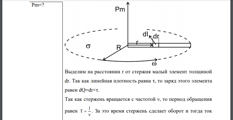 Стержень длиной R=20 см заряжен равномерно распределенным зарядом с линейной плотностью Стержень вращается с частотой