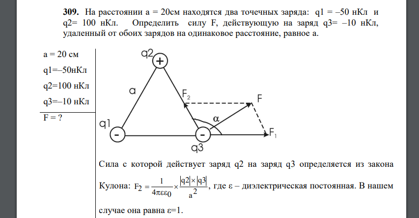 На расстоянии a = 20см находятся два точечных заряда: q1 = –50 нКл и q2= 100 нКл. Определить силу F, действующую