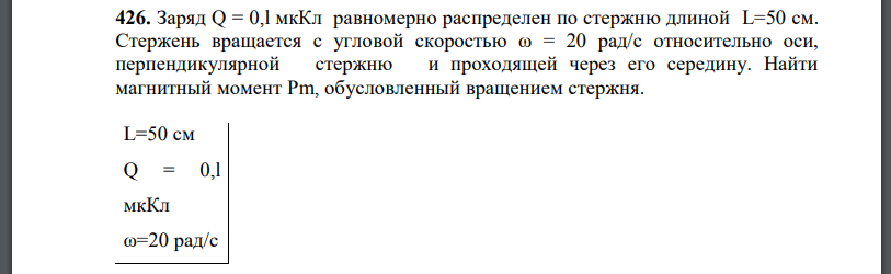 Заряд равномерно распределен по стержню длиной  Стержень вращается с угловой скоростью относительно оси, перпендикулярной стержню и