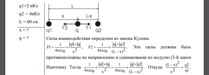 Расстояние L между двумя точечными зарядами q1=2нКл и q2 = 4нКл равно 60см. Определить точку, в которую нужно поместить