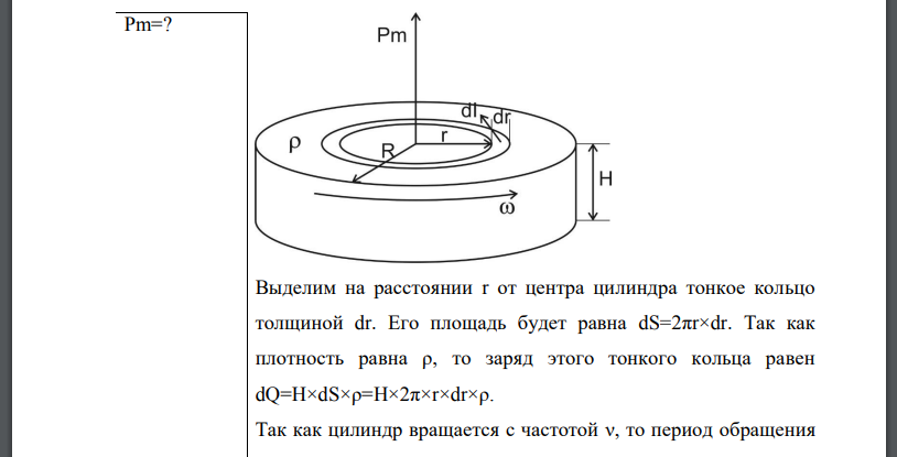 Сплошной цилиндр радиусом R = 4 см и высотой H=15 см несет равномерно распределенный по объему заряд Цилиндр вращается с частотой относительно