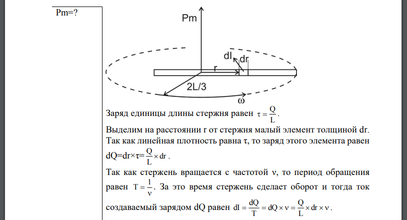 По тонкому стержню длиной L = 40 см равномерно распределен заряд Стержень вращается с частотой относительно оси, перпендикулярной стержню и