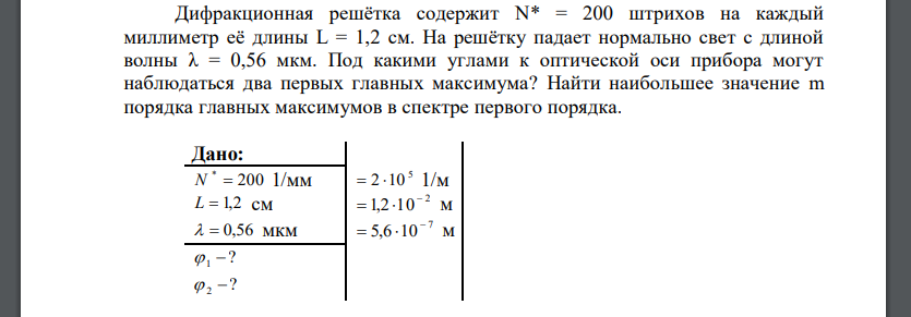 Дифракционная решётка содержит N* = 200 штрихов на каждый миллиметр её длины L = 1,2 см. На решётку падает нормально