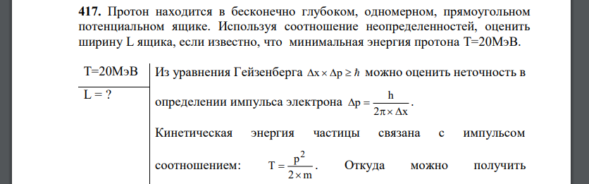 Протон находится в бесконечно глубоком, одномерном, прямоугольном потенциальном ящике. Используя соотношение неопределенностей