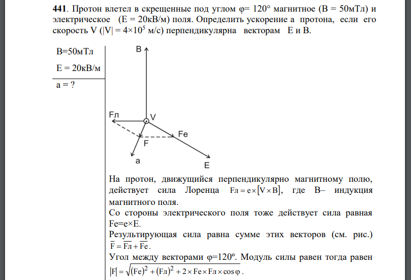 Протон влетел в скрещенные под углом магнитное и электрическое поля. Определить ускорение а протона, если его скорость перпендикулярна векторам