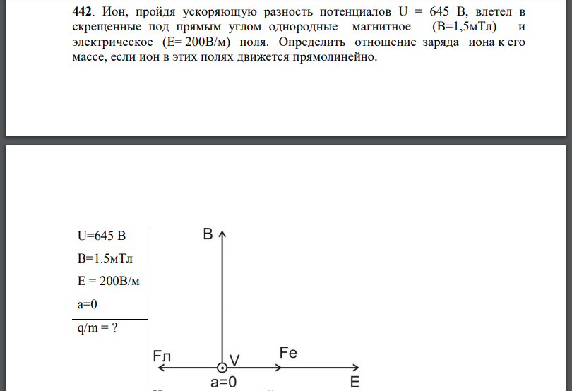 Ион, пройдя ускоряющую разность потенциалов U = 645 В, влетел в скрещенные под прямым углом однородные магнитное и электрическое поля. Определить
