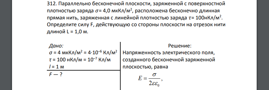 Параллельно бесконечной плоскости, заряженной с поверхностной плотностью заряда 𝜎= 4,0 мкКл/м2 , расположена бесконечно длинная прямая нить