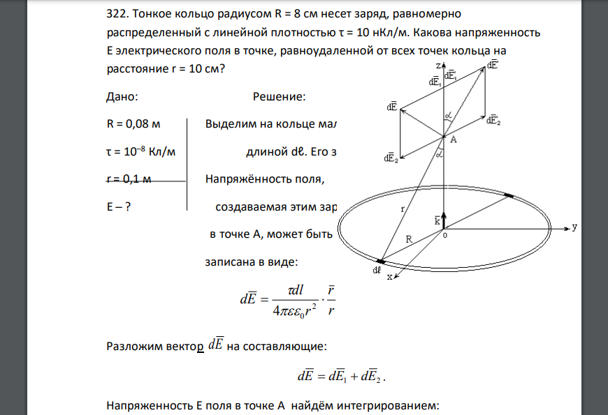 Тонкое кольцо радиусом R = 8 см несет заряд, равномерно распределенный с линейной плотностью τ = 10 нКл/м. Какова напряженность