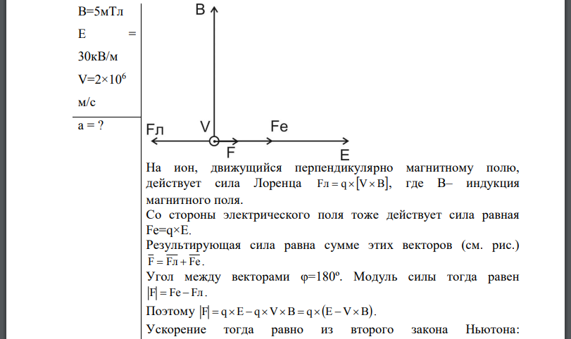 Альфа-частица влетела в скрещенные под прямым углом магнитное и электрическое поля. Определить ускорение а альфа-частицы, если ее скорость