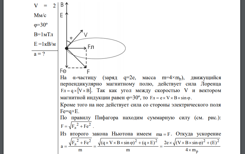 Альфа-частица, имеющая скорость влетает под углом к сонаправленному магнитному и электрическому полям. Определить ускорение а альфа-частицы.