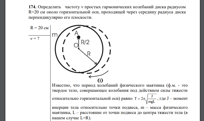 Определить частоту ν простых гармонических колебаний диска радиусом R=20 см около горизонтальной оси, проходящей через середину радиуса диска