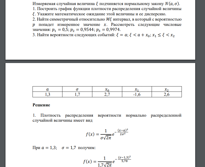 Измеряемая случайная величина 𝜉 подчиняется нормальному закону 𝑁(𝑎, 𝜎). 1. Построить график функции плотности распределения случайной величины 𝜉.