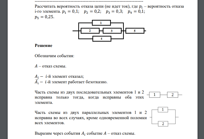 Рассчитать вероятность отказа цепи (не идет ток), где 𝑝𝑖 – вероятность отказа i-го элемента