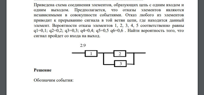Отказ любого из элементов приводит к прерыванию сигнала в той ветви цепи, где находится данный элемент. Вероятности отказа