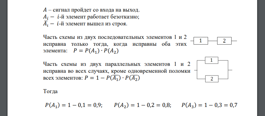 Отказ любого из элементов приводит к прерыванию сигнала в той ветви цепи, где находится данный элемент. Вероятности отказа
