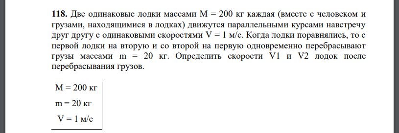 Две одинаковые лодки массами M = 200 кг каждая (вместе с человеком и грузами, находящимися в лодках) движутся параллельными