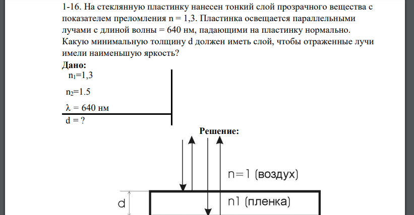 На стеклянную пластинку нанесен тонкий слой прозрачного вещества с показателем преломления n = 1,3. Пластинка освещается параллельными