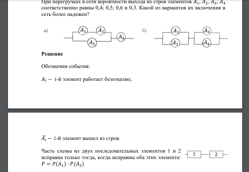 При перегрузках в сети вероятности выхода из строя элементов 𝐴1, 𝐴2, 𝐴3, 𝐴4 соответственно равны