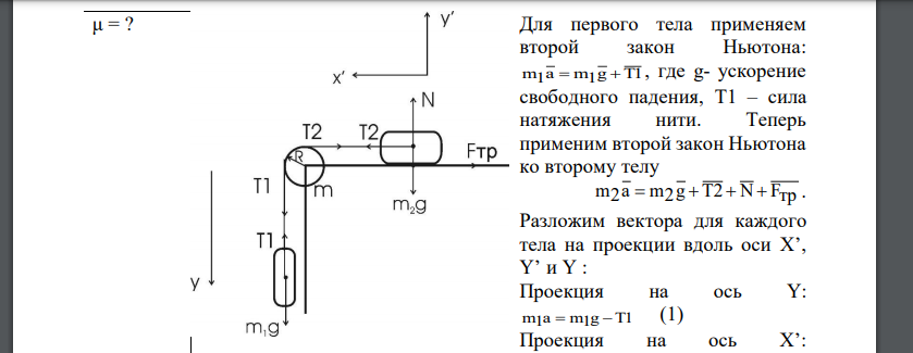 К краю стола прикреплен блок. Через блок перекинута невесомая и нерастяжимая нить, к концам которой прикреплены грузы. Один груз движется