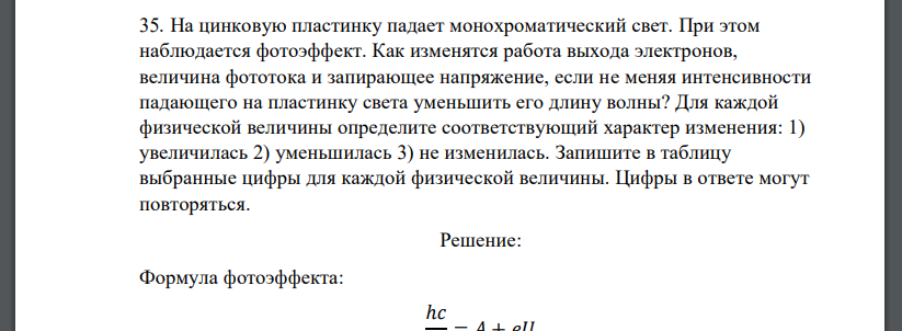 На цинковую пластинку падает монохроматический свет. При этом наблюдается фотоэффект. Как изменятся работа