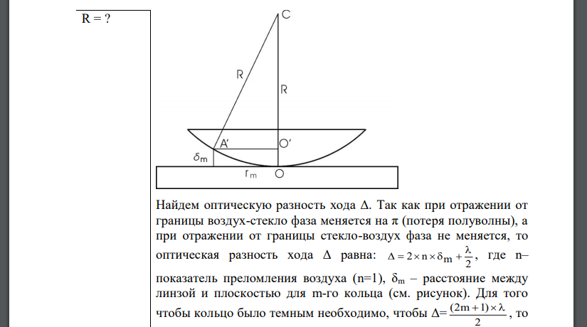 На стеклянную пластину положена выпуклой стороной плосковыпуклая линза. Сверху линза освещена монохроматическим светом длиной волны