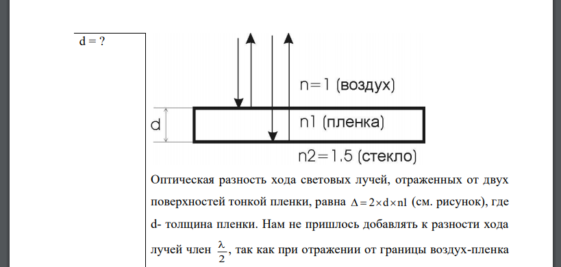 На стеклянную пластину нанесен тонкий слой прозрачного вещества с показателем преломления n1 = 1,3. Пластинка освещена параллельным
