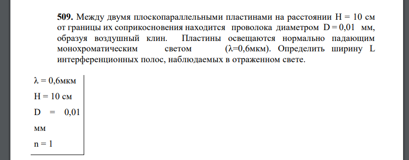 Между двумя плоскопараллельными пластинами на расстоянии H = 10 см от границы их соприкосновения находится проволока диаметром