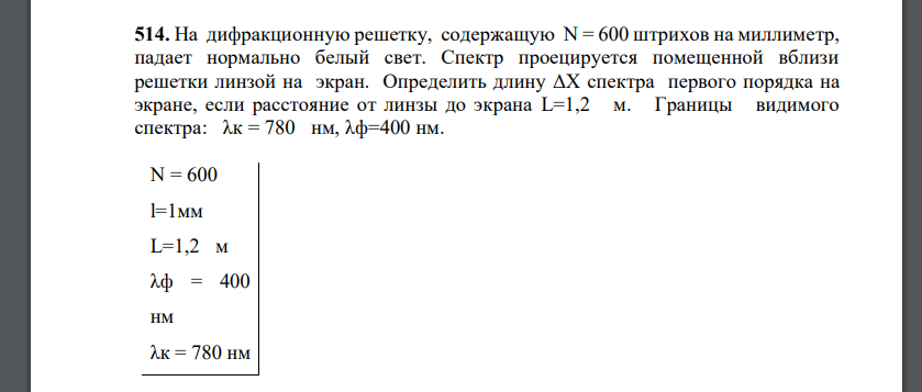 На дифракционную решетку, содержащую N = 600 штрихов на миллиметр, падает нормально белый свет. Спектр проецируется помещенной вблизи