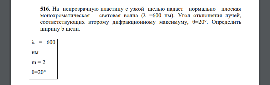 На непрозрачную пластину с узкой щелью падает нормально плоская монохроматическая световая волна (λ =600 нм). Угол отклонения лучей,