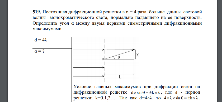 Постоянная дифракционной решетки в n = 4 раза больше длины световой волны монохроматического света, нормально падающего на ее поверхность