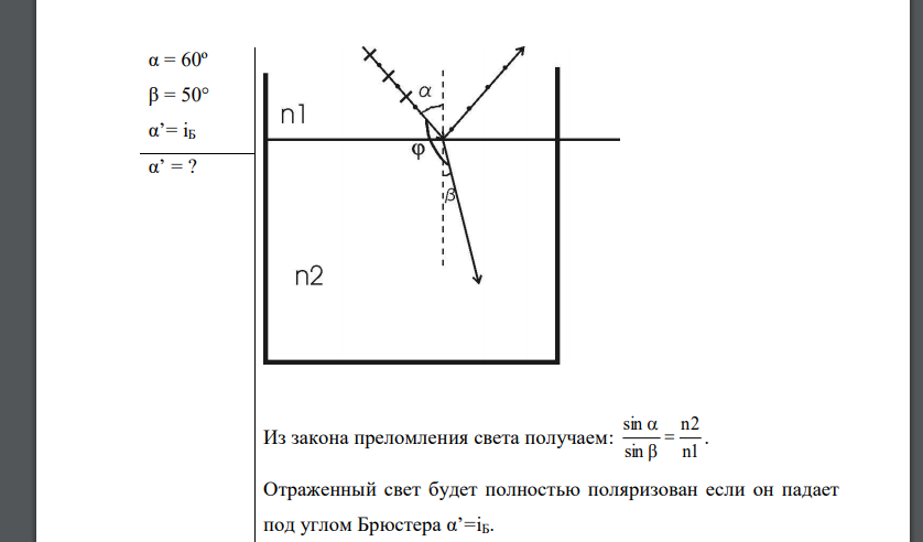 Пучок света переходит из жидкости в стекло. Угол падения α пучка равен 60°, угол преломления β = 50°. При каком угле падения α’ пучок света,