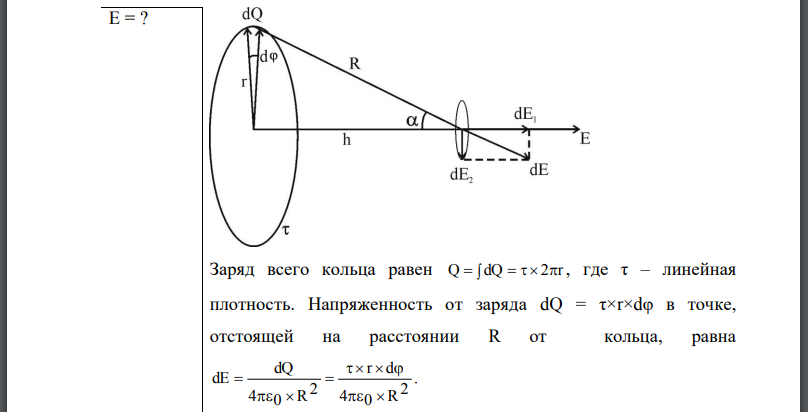 По тонкому кольцу радиусом r = 20см равномерно распределен с линейной плотностью заряд. Определить напряженность Е электрического поля