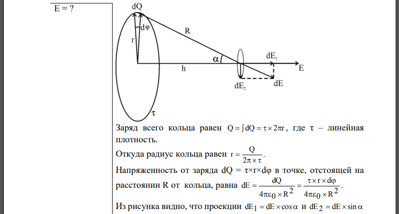 По тонкому кольцу равномерно распределен заряд Q=10 нКл с линейной плотностью Определить напряженность Е электрического поля, создаваемого