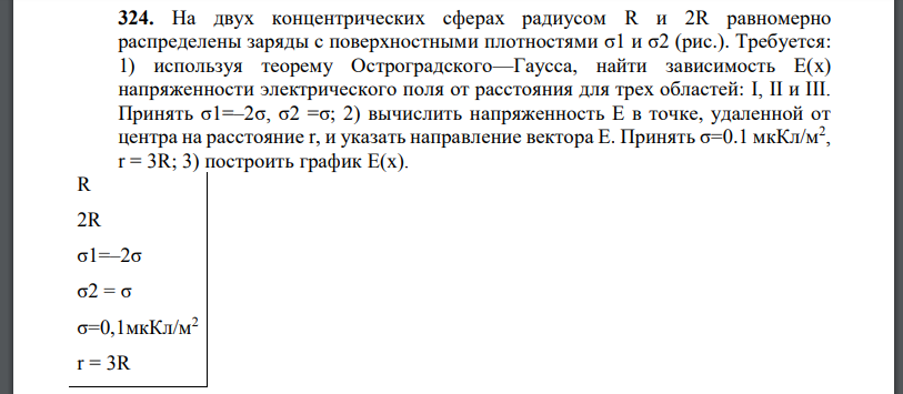 На двух концентрических сферах радиусом R и 2R равномерно распределены заряды с поверхностными плотностями (рис.). Требуется: 1) используя теорему Остроградского—Гаусса