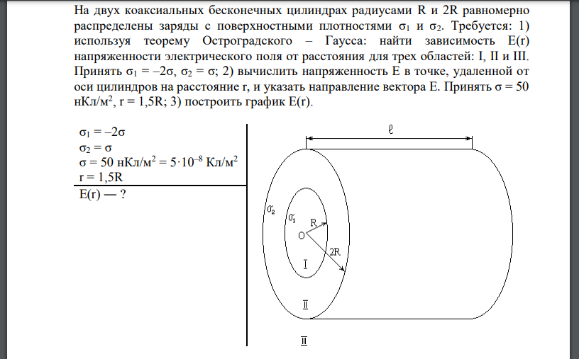 На двух коаксиальных бесконечных цилиндрах радиусами R и 2R равномерно распределены заряды с поверхностными плотностями Требуется: 1) используя