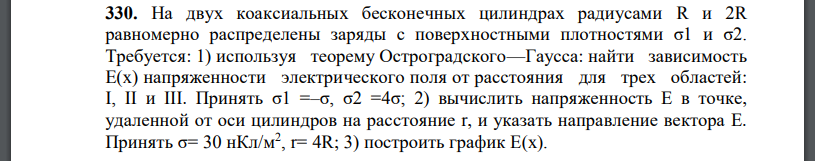 На двух коаксиальных бесконечных цилиндрах радиусами равномерно распределены заряды с поверхностными плотностями Требуется: 1) используя теорему Остроградского—Гаусса: найти зависимость  напряженности