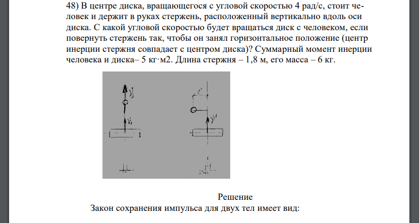 В центре диска, вращающегося с угловой скоростью 4 рад/с, стоит человек и держит в руках стержень, расположенный