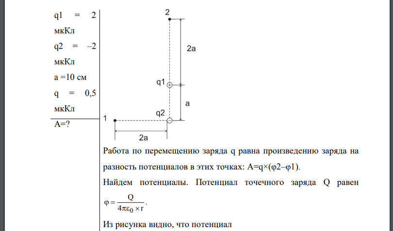 Электрическое поле создано зарядами находящимися на расстоянии a =10 см друг от друга, определить работу сил поля, совершаемую при перемещении