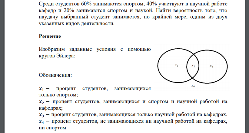 Среди студентов 60% занимаются спортом, 40% участвуют в научной работе кафедр и 20% занимаются спортом и наукой