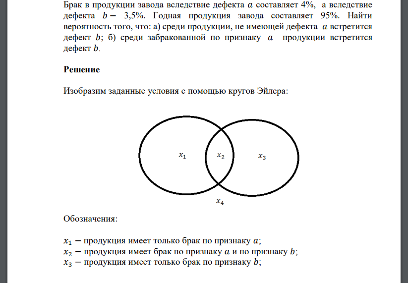 Брак в продукции завода вследствие дефекта 𝑎 составляет 4%, а вследствие дефекта 𝑏 − 3,5%. Годная продукция завода