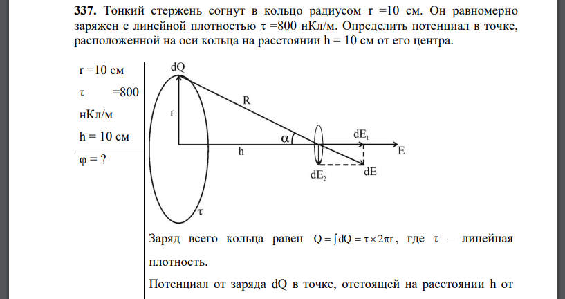 Тонкий стержень согнут в кольцо радиусом r =10 см. Он равномерно заряжен с линейной плотностью τ =800 нКл/м. Определить потенциал в точке,