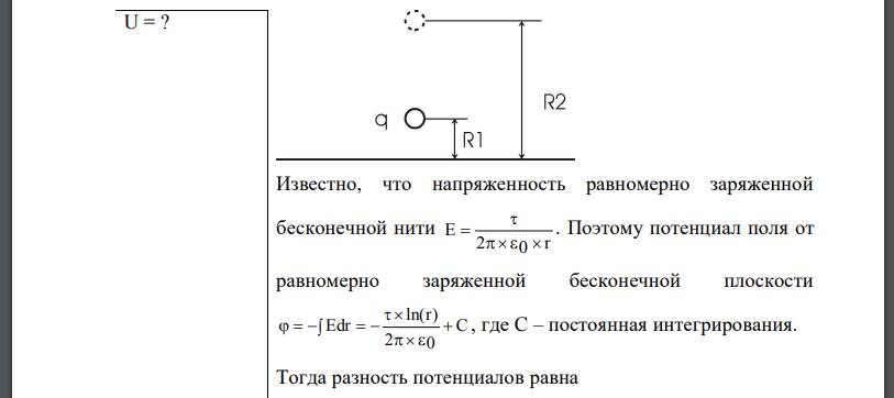 Электрическое поле образовано бесконечно длинной нитью, заряженной с линейной плотностью Определить разность потенциалов U двух точек поля,