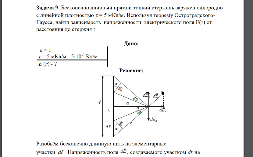 Бесконечно длинный прямой тонкий стержень заряжен однородно с линейной плотностью  = 5 мКл/м. Используя теорему