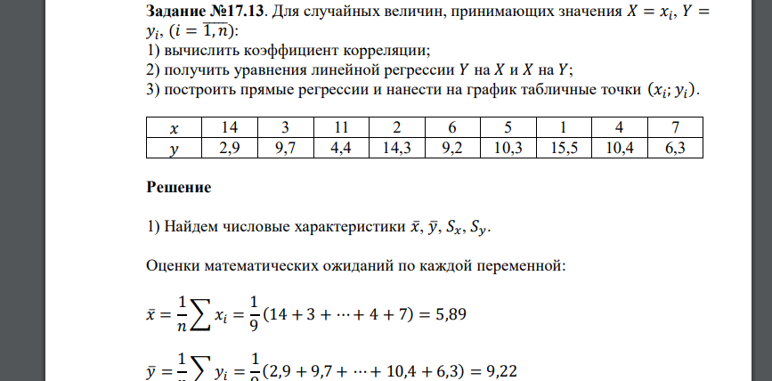 Для случайных величин, принимающих значения 𝑋 = 𝑥𝑖 , 𝑌 = 𝑦𝑖 , (𝑖 = 1̅̅̅,̅𝑛̅): 1) вычислить коэффициент корреляции; 2) получить уравнения линейной