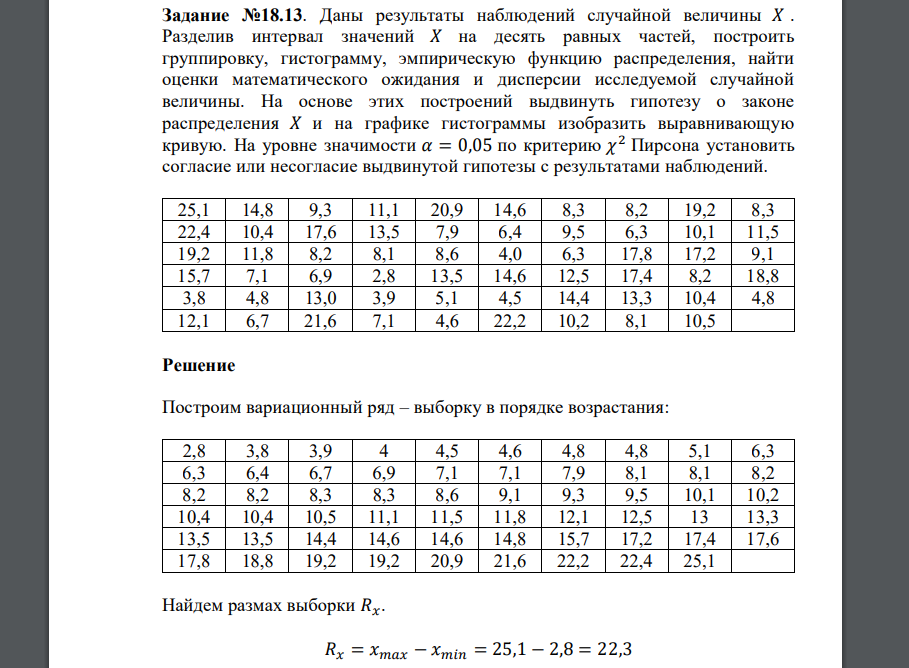 Даны результаты наблюдений случайной величины 𝑋 . Разделив интервал значений 𝑋 на десять равных частей, построить группировку, гистограмму, эмпирическую функцию распределения, найти