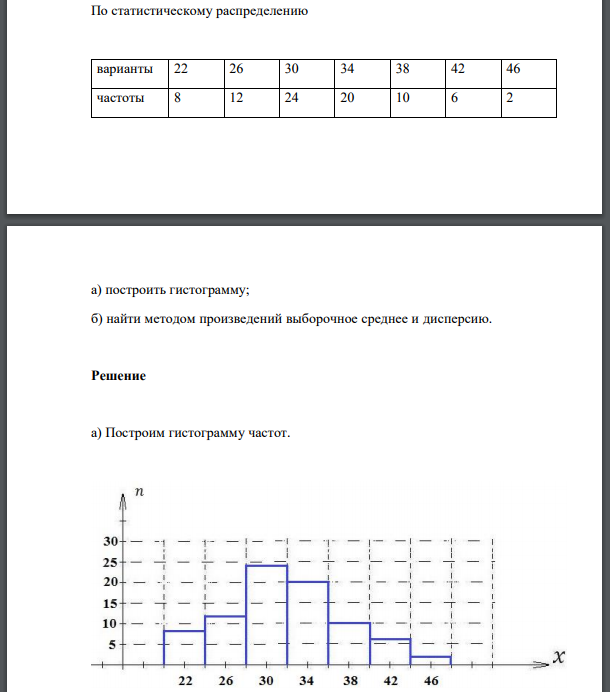 По статистическому распределению варианты 22 26 30 34 38 42 46 частоты 8 12 24 20 10 6 2 а) построить гистограмму